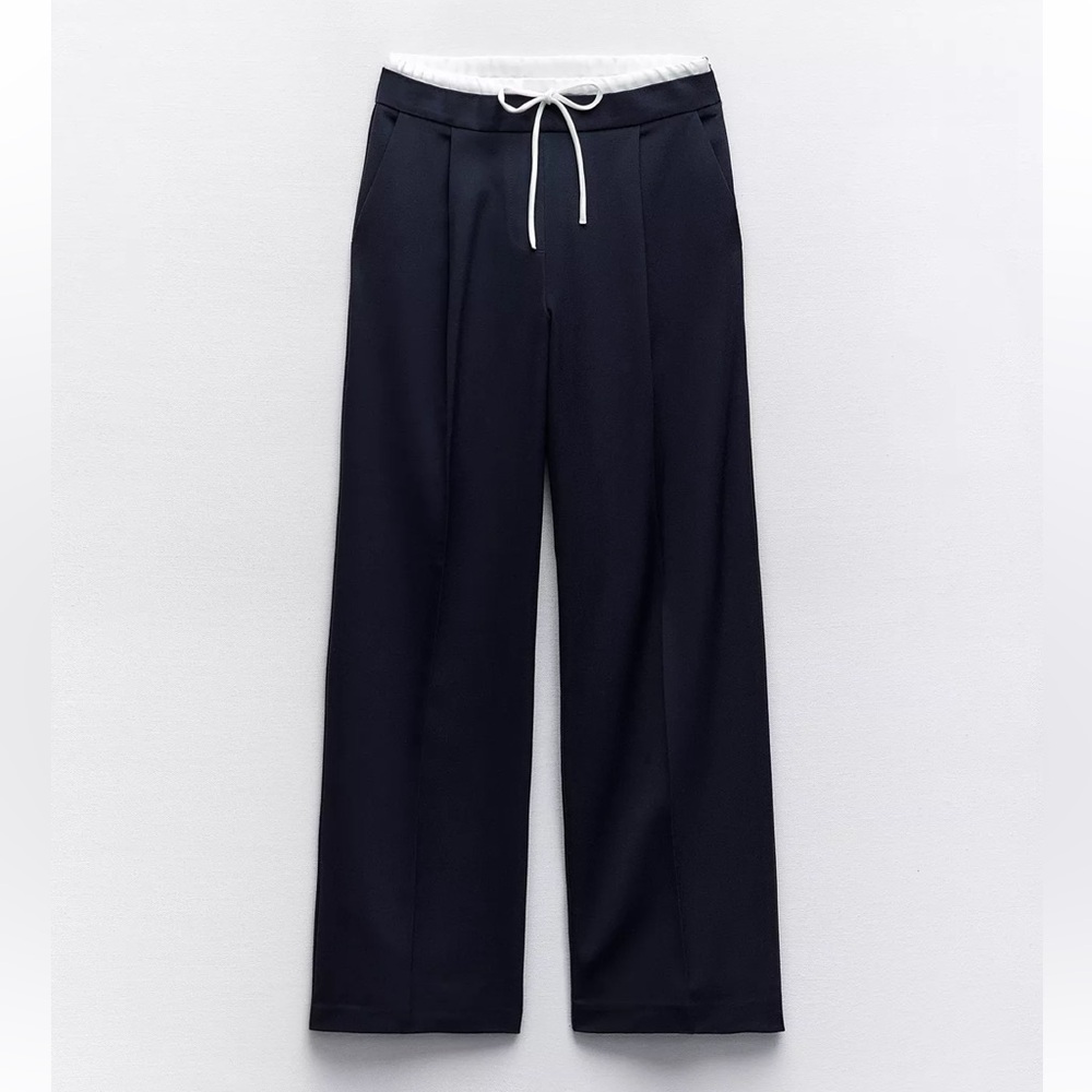 Zara Navy Wide-Leg Trousers with White Drawstring Waist